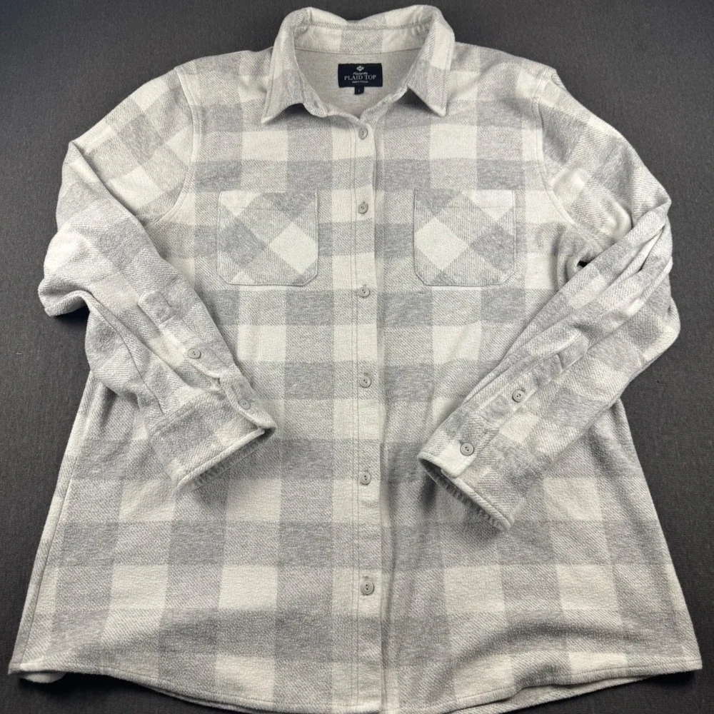Members Mark Favorite Plaid Top Grey White Buffalo Check Button Down FS-2001 L - Picture 2 of 8